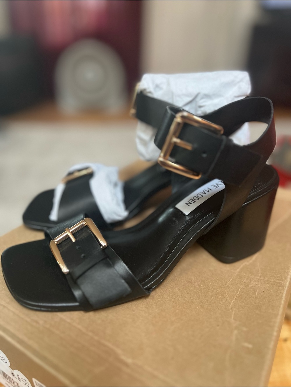 Steve Madden Black Block Heel Sandals with Gold Buckles (Strappy)